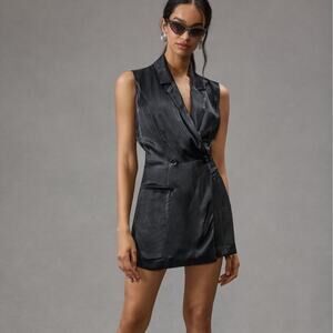 Anthropologie Women’s Blazer Black Satin Sleeveless Shorts Romper Size 2